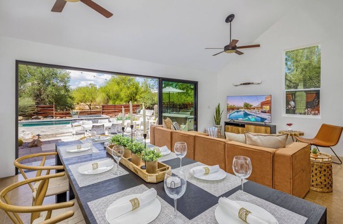 Desert View Village House | Stunning Estate with Mountain Views, Heated Pool, Fun Game Room, & Hot Tub!