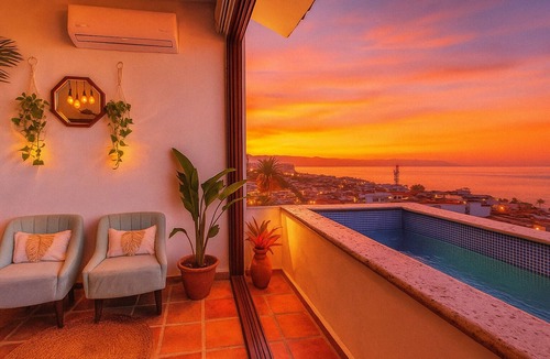 Downtown Puerto Vallarta Apartment | Sunset Sky Loft with Private Pool Panoramic Ocean View Steps to Camarones Beach