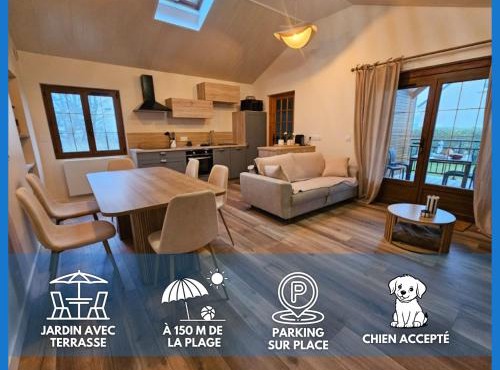 Horizon Marin maison plain pied à 150m de la plage d'Asnelles, vue mer d'une chambre, entièrement rénovée en 2026, jardin clos, belle terrasse aménagée et abritée, parking privatif, des plages du débarquement, proche de tous commerces, près de Bayeux